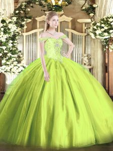 Off The Shoulder Sleeveless Lace Up Sweet 16 Dress Yellow Green Tulle