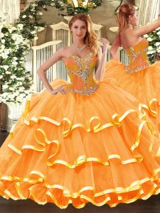 Sweetheart Sleeveless Quinceanera Dress Floor Length Beading and Ruffled Layers Orange Organza