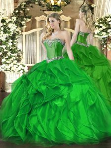 Adorable Green Ball Gowns Beading and Ruffles Quinceanera Dresses Lace Up Organza Sleeveless Floor Length