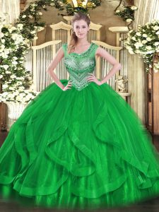 Perfect Beading and Ruffles Quinceanera Gown Green Lace Up Sleeveless Floor Length