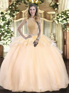 Exceptional Sleeveless Floor Length Beading Lace Up Sweet 16 Dress with Peach