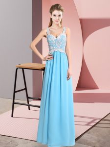Deluxe Baby Blue Sleeveless Floor Length Lace Zipper Prom Evening Gown