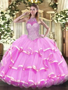 Hot Selling Rose Pink Sleeveless Organza Lace Up Quinceanera Gown for Military Ball and Sweet 16 and Quinceanera