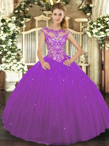 Low Price Tulle Scoop Sleeveless Lace Up Beading and Appliques Quince Ball Gowns in Eggplant Purple