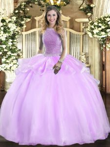 Lilac Sweet 16 Quinceanera Dress Military Ball and Sweet 16 and Quinceanera with Beading High-neck Sleeveless Lace Up