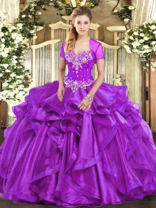 Purple Ball Gowns Beading and Ruffles 15th Birthday Dress Lace Up Organza Sleeveless Floor Length