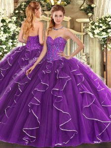 Stunning Floor Length Lace Up 15 Quinceanera Dress Purple for Military Ball and Sweet 16 and Quinceanera with Beading an