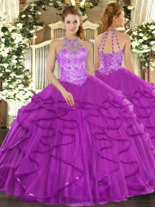 Purple Ball Gowns Halter Top Sleeveless Organza Floor Length Lace Up Beading and Ruffles Vestidos de Quinceanera