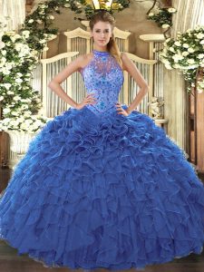 Decent Blue Ball Gowns Beading and Embroidery and Ruffles Quinceanera Gown Lace Up Organza Sleeveless Floor Length