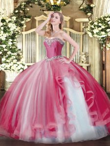 Glorious Sleeveless Tulle Floor Length Lace Up Sweet 16 Quinceanera Dress in Coral Red with Beading and Ruffles