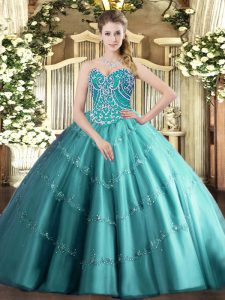 Popular Teal Sweetheart Neckline Beading and Appliques Sweet 16 Quinceanera Dress Sleeveless Lace Up