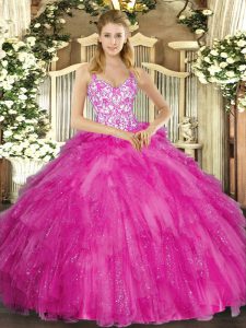 Fuchsia Ball Gowns Straps Sleeveless Tulle Floor Length Lace Up Appliques and Ruffles Quinceanera Dresses