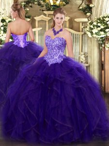 Purple Ball Gowns Organza Sweetheart Sleeveless Appliques and Ruffles Floor Length Lace Up Sweet 16 Quinceanera Dress