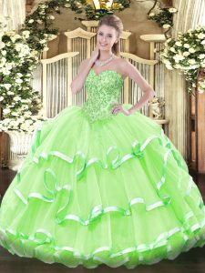 Discount Ball Gowns Organza Sweetheart Sleeveless Appliques and Ruffled Layers Floor Length Lace Up Quinceanera Dress