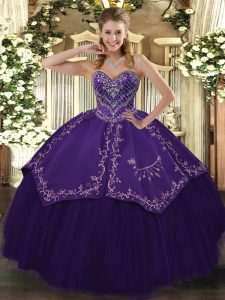Sleeveless Taffeta and Tulle Floor Length Lace Up Sweet 16 Dress in Purple with Pattern