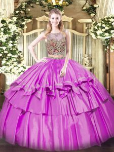 Cheap Lilac Sweet 16 Dress Military Ball and Sweet 16 and Quinceanera with Beading and Ruffled Layers Scoop Sleeveless L