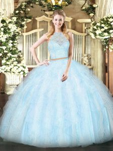 Scoop Sleeveless 15th Birthday Dress Floor Length Lace and Ruffles Light Blue Tulle