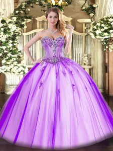 Lavender Ball Gowns Tulle Sweetheart Sleeveless Beading and Appliques Floor Length Lace Up Sweet 16 Dresses