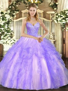 Lavender Tulle Lace Up 15 Quinceanera Dress Sleeveless Floor Length Beading and Ruffles