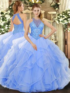 Floor Length Light Blue Quinceanera Gowns Organza Sleeveless Beading and Ruffles