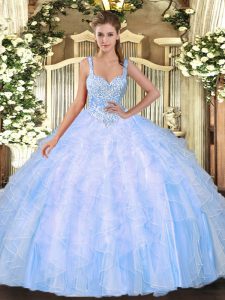 Light Blue Sleeveless Floor Length Beading Lace Up Sweet 16 Dresses