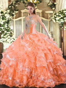 Traditional Orange Red Sleeveless Floor Length Beading and Ruffled Layers Lace Up Quinceanera Gown