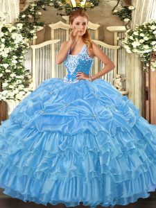 Graceful Baby Blue Sleeveless Floor Length Beading and Ruffled Layers and Pick Ups Lace Up Quince Ball Gowns