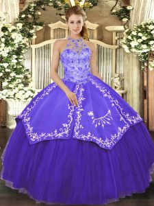 Satin and Tulle Halter Top Sleeveless Lace Up Beading and Embroidery Vestidos de Quinceanera in Purple