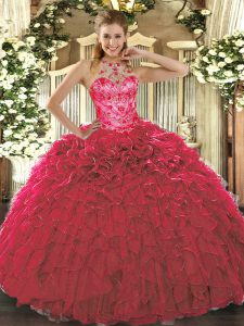 Affordable Red Sleeveless Beading and Ruffles Floor Length 15 Quinceanera Dress