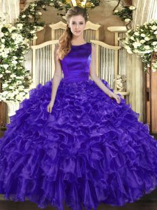 Purple Sleeveless Organza Lace Up Quinceanera Gowns for Military Ball and Sweet 16 and Quinceanera