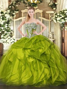 Floor Length Ball Gowns Sleeveless Olive Green Quince Ball Gowns Lace Up