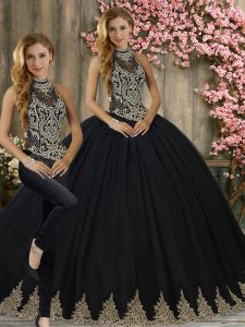 Halter Top Sleeveless Brush Train Lace Up Ball Gown Prom Dress Black Tulle