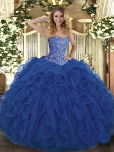 Royal Blue Ball Gowns Sweetheart Sleeveless Tulle Floor Length Lace Up Beading and Ruffles 15th Birthday Dress
