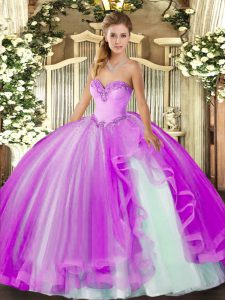 Lilac Ball Gowns Tulle Sweetheart Sleeveless Beading and Ruffles Floor Length Lace Up 15th Birthday Dress