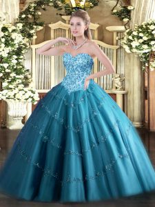High End Appliques Quinceanera Gowns Teal Lace Up Sleeveless Floor Length