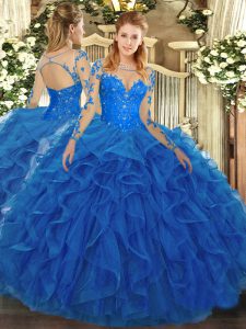 Scoop Long Sleeves Quinceanera Dress Floor Length Lace and Ruffles Blue Tulle