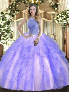 Low Price Tulle High-neck Sleeveless Lace Up Beading and Ruffles Ball Gown Prom Dress in Lavender