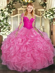 Fine Scoop Long Sleeves Quinceanera Gowns Floor Length Lace and Ruffles Rose Pink Organza