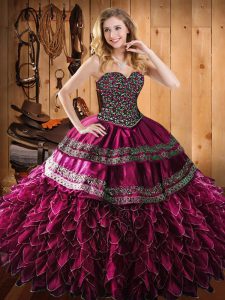 Customized Beading and Embroidery and Ruffles Quinceanera Gowns Fuchsia Lace Up Sleeveless Floor Length