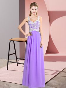 Lavender Empire Chiffon V-neck Sleeveless Lace Floor Length Zipper