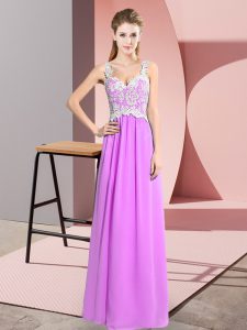 Floor Length Lilac Prom Gown Chiffon Sleeveless Lace