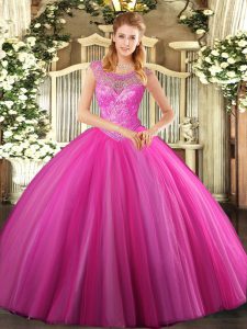Luxurious Floor Length Hot Pink 15th Birthday Dress Tulle Sleeveless Beading