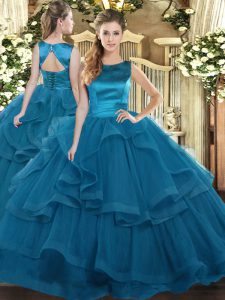 Excellent Sleeveless Tulle Floor Length Lace Up Vestidos de Quinceanera in Teal with Ruffles