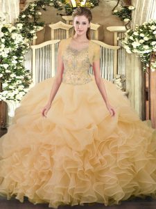 Champagne Sleeveless Floor Length Beading and Ruffled Layers Clasp Handle Quinceanera Dresses