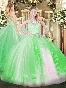 Two Pieces Quinceanera Dress Green Scoop Tulle Sleeveless Floor Length Zipper
