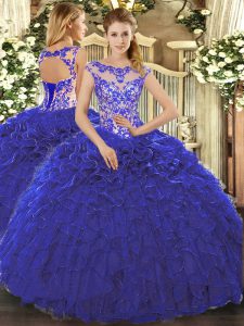 Cap Sleeves Organza Floor Length Lace Up Quince Ball Gowns in Royal Blue with Beading and Ruffles