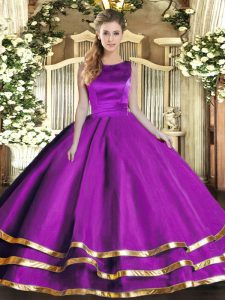 Colorful Floor Length Lace Up Quinceanera Gown Eggplant Purple for Military Ball and Sweet 16 and Quinceanera with Ruffl