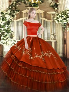 Off The Shoulder Short Sleeves Quinceanera Dress Floor Length Embroidery and Ruffled Layers Rust Red Organza and Taffeta