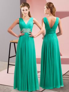 New Arrival Turquoise V-neck Neckline Beading and Ruching Evening Dress Sleeveless Side Zipper