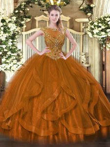 Captivating Brown Tulle Zipper Quinceanera Gowns Sleeveless Floor Length Beading and Ruffles